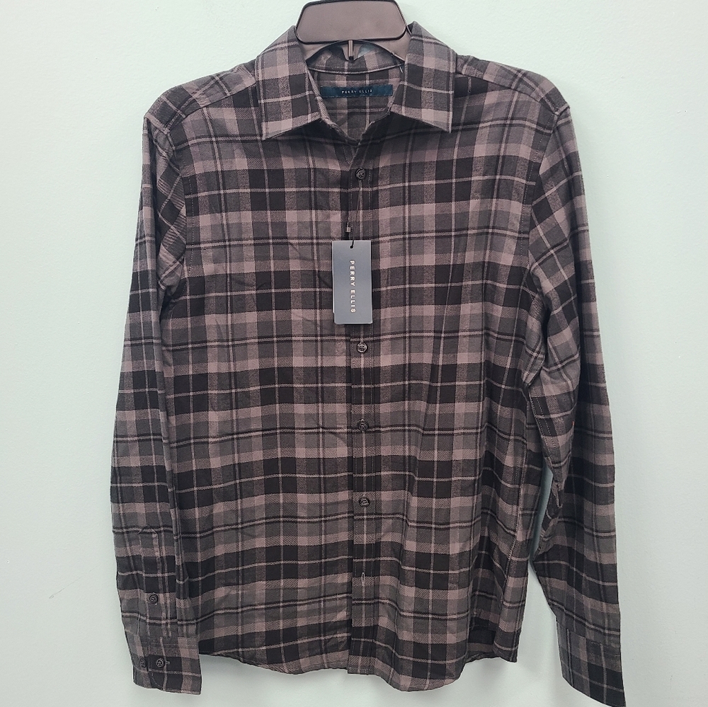 Perry Ellis Men's Black Plaid Shirt Button Down Size S
